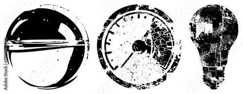 Distressed vector globe for global reach, speedometer for performance, lightbulb for ideas all in gritty black and white halftone style.