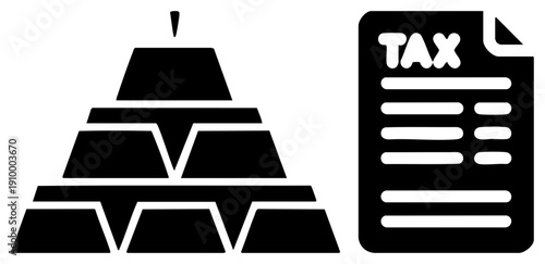 Stack of gold bullion bars beside tax form, financial assets, wealth taxation, investment reporting, fiscal compliance, precious metal storage.
