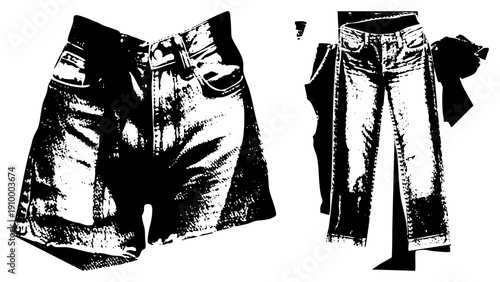 Graphic illustration of denim shorts and jeans with halftone texture, fashion apparel, retro clothing, vector cutout, black and white fashion, streetwear design.