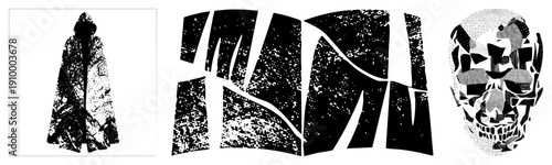 Hooded cloak with distressed texture, garment, dark fabric silhouette, gothic robe, occult attire, vector cutout, isolated figure.