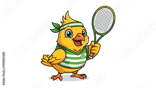 Cute Cartoon Chick Tennis Player Mascot with Racket and Headband
