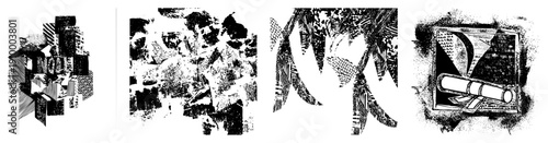 Fragmented shapes with hatching and hatching, abstract composition, graphic design elements, vector illustration, stylized forms.