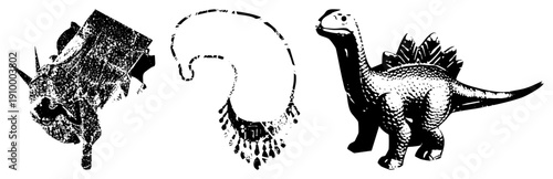 Retro stylized dinosaur figurine, ornate necklace, and triceratops toy, all in halftone vector art, isolated on transparent background.