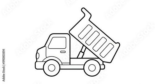 Side view outline icon of a dump truck with its cargo bed raised, unloading material.