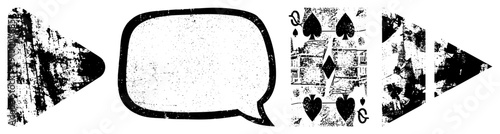 Distressed black and white speech bubble, playing card with spades, grunge texture, vector graphic, isolated elements, retro design, communication.
