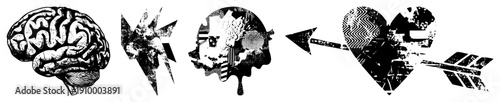 Black and white vector brain, lightning bolt, fragmented head collage, heart pierced by arrow. Graphic symbols for creativity, energy, emotion, and impact. Isolated elements for design use.