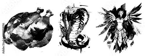 Vintage halftone style graphic of a rooster, cobra, and winged warrior, bold geometric, stylized vector art, isolated foreground elements.