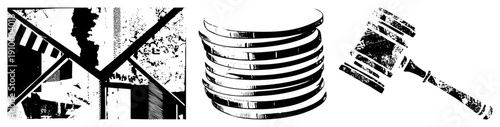 Vector halftone house with striped awning, stacked coins, auction gavel. Graphic symbols for finance, real, law., textured, bold.