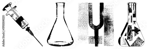 Medical syringe, conical flask, tuning fork, abstract beaker with geometric shapes, lab equipment, scientific instruments, black and white vector illustration.