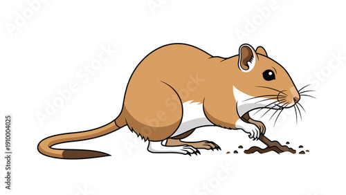 Adorable cartoon gerbil character digging in dirt. Small desert rodent illustration, isolated on white background.