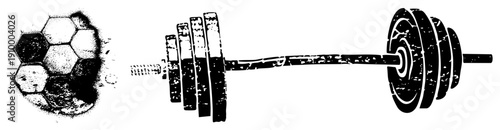 Sports gear featuring soccer ball with hexagonal panels and barbell with weight plates, stylized vector graphics for fitness or sports themes.