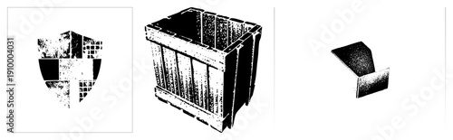 Black and white halftone vector graphics featuring shield, crate, and folded panel, stylized geometric forms, isolated design elements, graphic art.