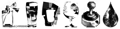 Vector halftone glass bottles, perfume sprays, drinking glasses, wine goblets, droplets, and abstract shapes, isolated on transparent background, stylized with dot and geometric.