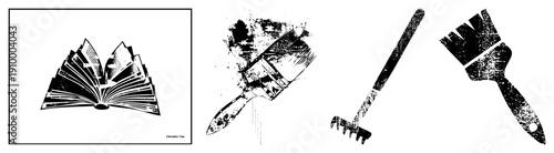 Open book with halftone pages, paintbrushes with splatter texture, artistic tools, vector illustration, creative studio, graphic design elements.