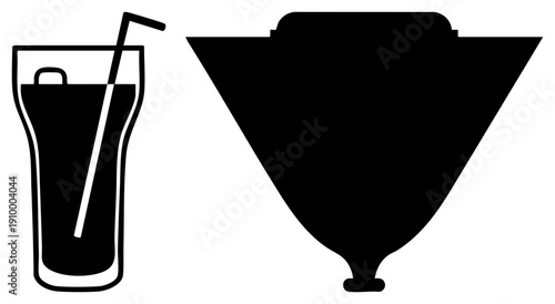 Vector of drink glass with straw and cocktail shaker, barware, silhouette style, beverage container, bar equipment, mixology tools.