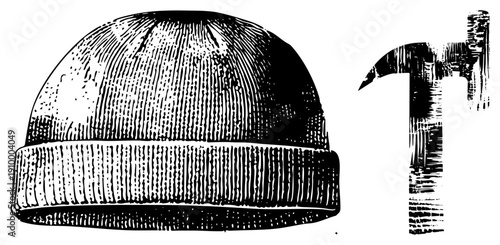 Winter headwear with ribbed texture, paired with ice tool, gear, mountaineering equipment, black and white halftone style.
