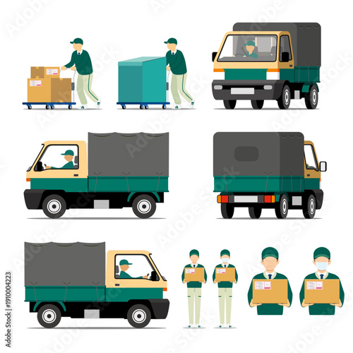 宅配便の軽トラックとスタッフのセット_緑