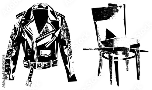 Graphic design of leather jacket and chair with halftone texture, punk fashion, urban style, vector art, black and white, isolated elements, stylized silhouette.
