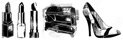 Classic cosmetic tube, ornate travel chest, elegant stiletto shoe all rendered in halftone dot, isolated vector illustrations for design use.