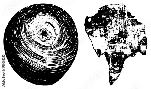 Stylized vortex swirl and eroded stone fragment, halftone vector art, graphic design element, texture, isolated shapes, artistic composition.