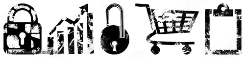 Weathered lock, upward growth chart, unlocked padlock, shopping cart, clipboard distressed vector symbols for digital security and e commerce themes.