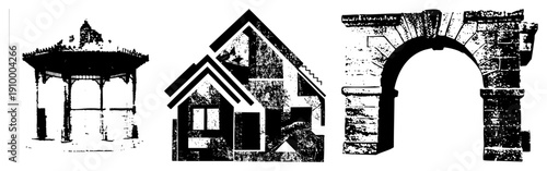 Classic gazebo pavilion, stylized house with windows, stone archway structure, vector halftone design, architectural motifs, isolated foreground elements.