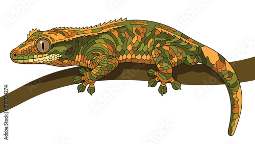 Vibrant Crested Gecko Illustration on Branch with Camouflage Pattern