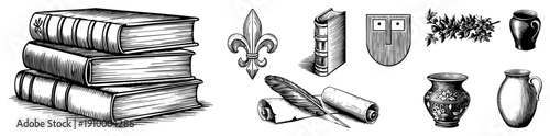 Stack of antique books, quill pen, parchment scrolls, fleur de lis, shield, olive branch, ceramic jars classic academic and historical.