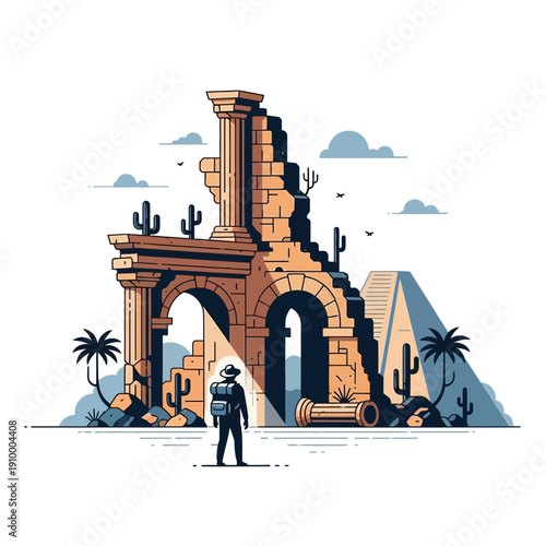 Explorer in desert ruins with ancient architecture and cacti