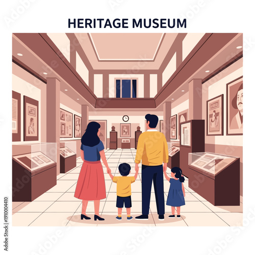Family exploring heritage museum exhibition hall with display cases and artwork