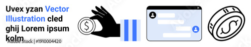 Finance, digital payments, e-commerce, communication, virtual currency, online business. A hand holding a coin, a chat window and a coin icon. Finance and digital payments