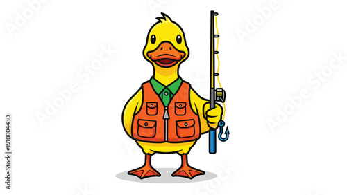 Cheerful Cartoon Duck Angler Illustration with Fishing Rod and Orange Vest