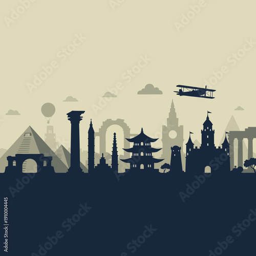 Global landmarks skyline silhouette with vintage airplane and hot air balloon