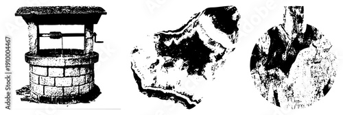 Antique water well with hand cranked pump, rustic brick foundation, historical irrigation system, rural utility, heritage water source.