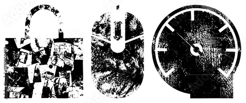 Distressed digital padlock, computer mouse, speedometer, vector halftone, glitch art, tech symbols, isolated foreground elements.