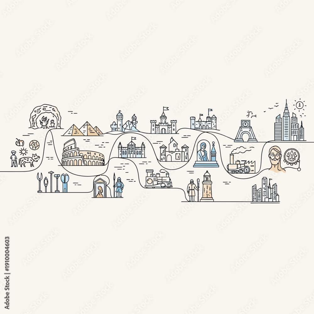 Naklejka premium Timeline of human civilization: Cave, pyramids, castles, modern cities