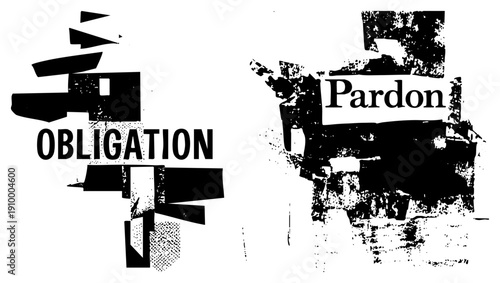 Graphic design with fragmented text elements, abstract black forms, distressed typography, conceptual art, stark contrast, visual.