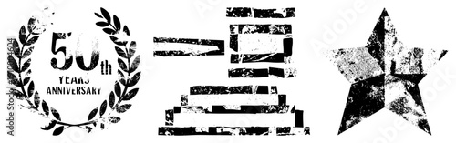 Distressed black and white emblem celebrating 50th anniversary, laurel wreath, star, fragmented text design, retro graphic elements.
