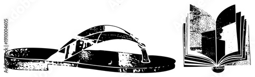 Graphic pair of flip flop sandal and open book, halftone texture, vintage style, educational or vacation theme, black and white vector art.