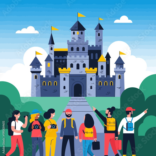 Tourists visit fantasy castle, travel and explore ancient architecture