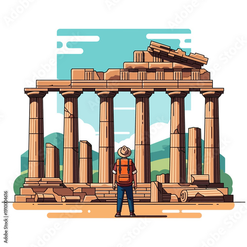 Tourist exploring ancient Greek ruins of a temple with columns