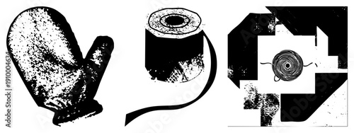 Handcrafted textile tools including oven mitt, ribbon spool, and thread reel, rendered in halftone vector style with distressed texture, ideal for craft and design projects.