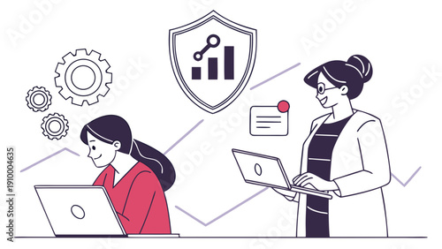 A successful business woman works in her office with a laptop and phone in this vector illustration drawing featuring a professional person achieving success at her job