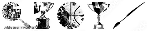 Graphic symbols of victory and artistry rendered in fragmented halftone and geometric styles, trophy, brush, stylized achievement, creative tools, vector art elements.