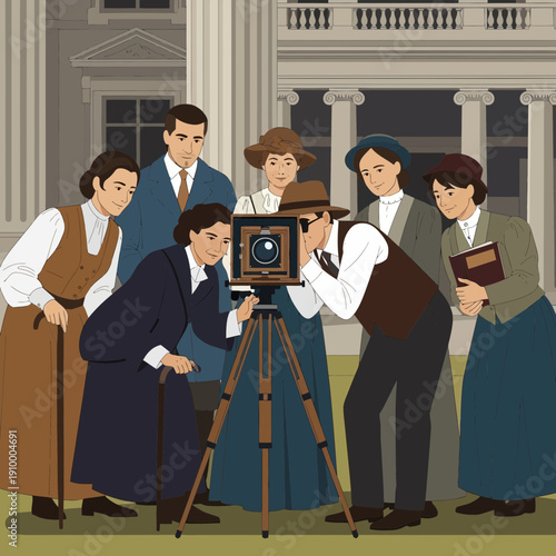 Vintage photography class, people gather around old camera on tripod