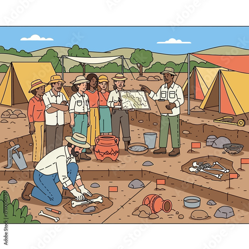 Archaeological dig site with team studying ancient artifacts and bones