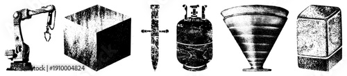 Vector set of industrial tools and abstract shapes robotic arm, cube, sword, gas canister, funnel, block. halftone style, isolated foreground elements.