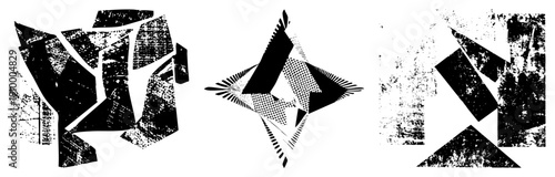 Fragmented polygonal forms with distressed texture, halftone shading, and sharp edges, abstract art composition, graphic design element, vector illustration.