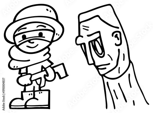Animated soldier holding rifle, cartoon character, military figure, stone statue head, black, simple art, humorous confrontation.