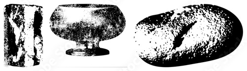 Stone relic, ceramic vessel, bread loaf rendered in halftone dots, archaeological finds, ancient foodware, historical artifacts, vector illustration.